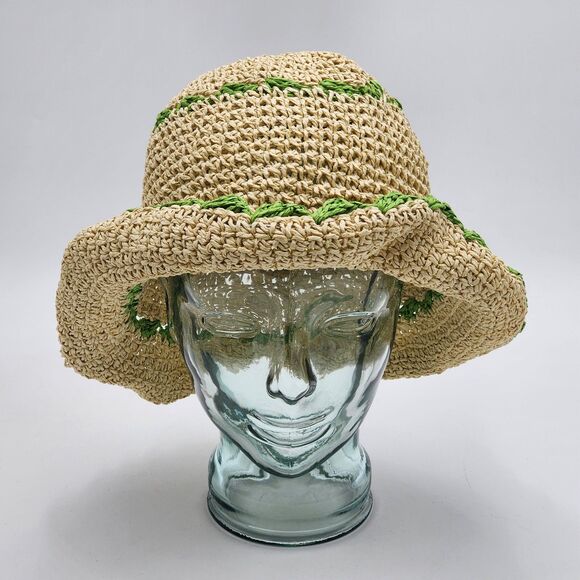 Vintage Paper Straw Green Accent Floppy Sun Hat - Picture 1 of 7